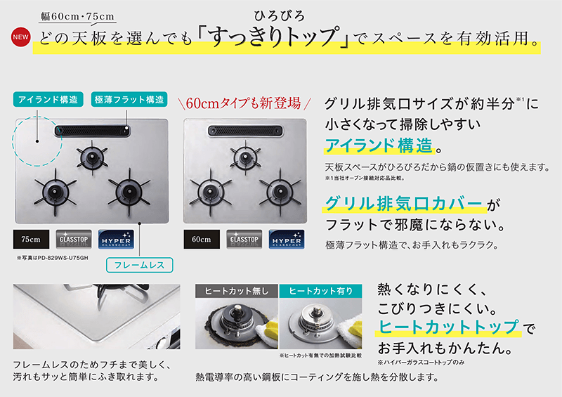 どの天板を選んでも「すっきりトップ」でスペースを有効活用